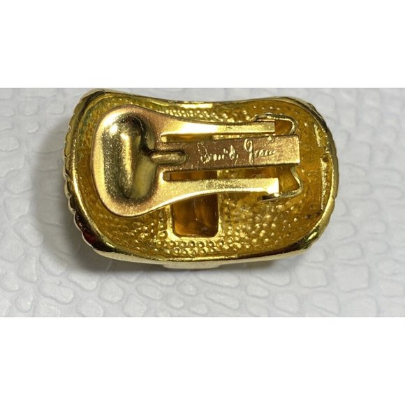 VTG 80'S DAVID GRAU COUTURE AMBER CRYSTAL DECO STYLE CLIP EARRINGS GOLD RIBBED - Picture 6 of 7